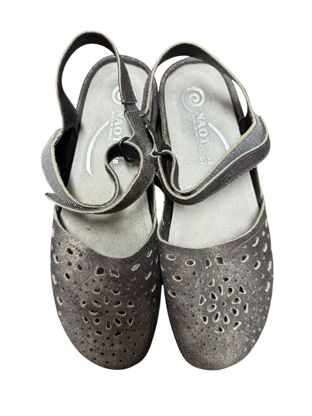 Naot Arataki Perforated Leather Slingback Mary Jane Flats Shoes Metallic Gray 7
